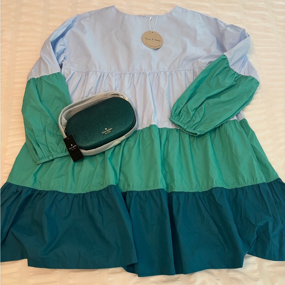 Aaron & Amber Blue & Green Tiered Babydoll Dress - size Large - NWY